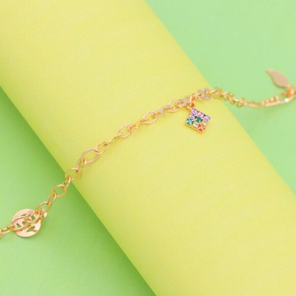 "Rose Gold Anklet with Rainbow Charm and Leaf Accents, XPAL1039 - Picture 7 of 12